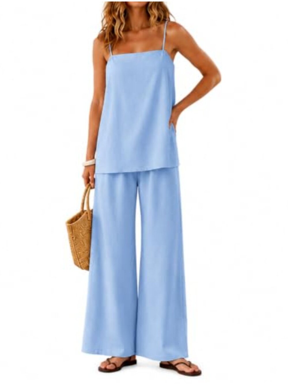 Women's 2 Piece Linen-Blend Tank & Wide Leg Pants Set with Pockets